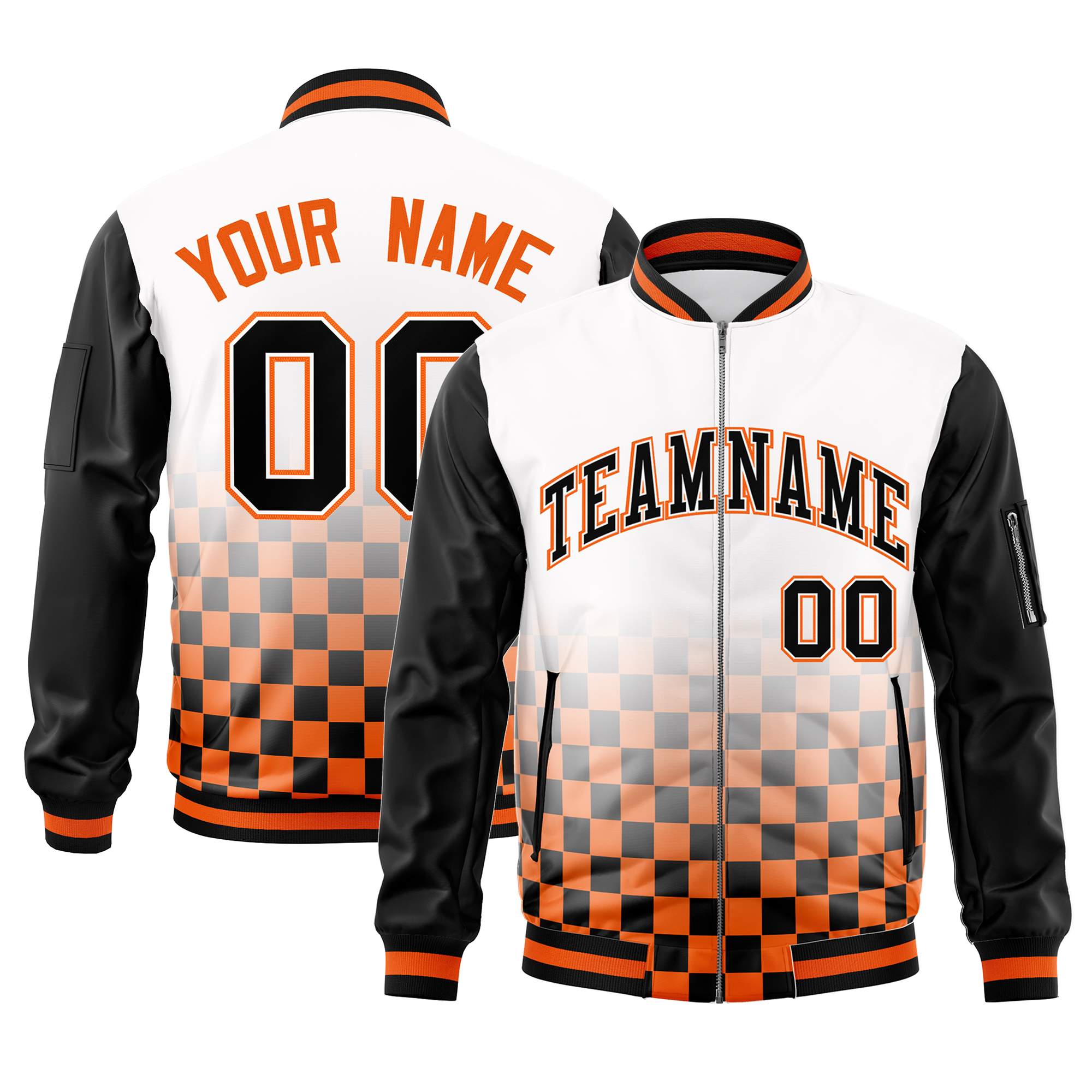 Custom White Black-Orange Grid Varsity Full-Zip Color Block Letterman Raglan Sleeve Jacket