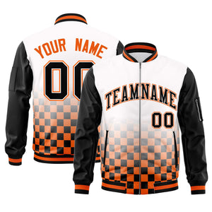 Custom White Black-Orange Grid Varsity Full-Zip Color Block Letterman Raglan Sleeve Jacket