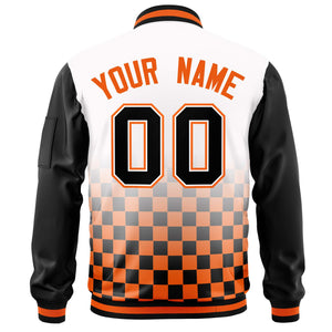 Custom White Black-Orange Grid Varsity Full-Zip Color Block Letterman Raglan Sleeve Jacket