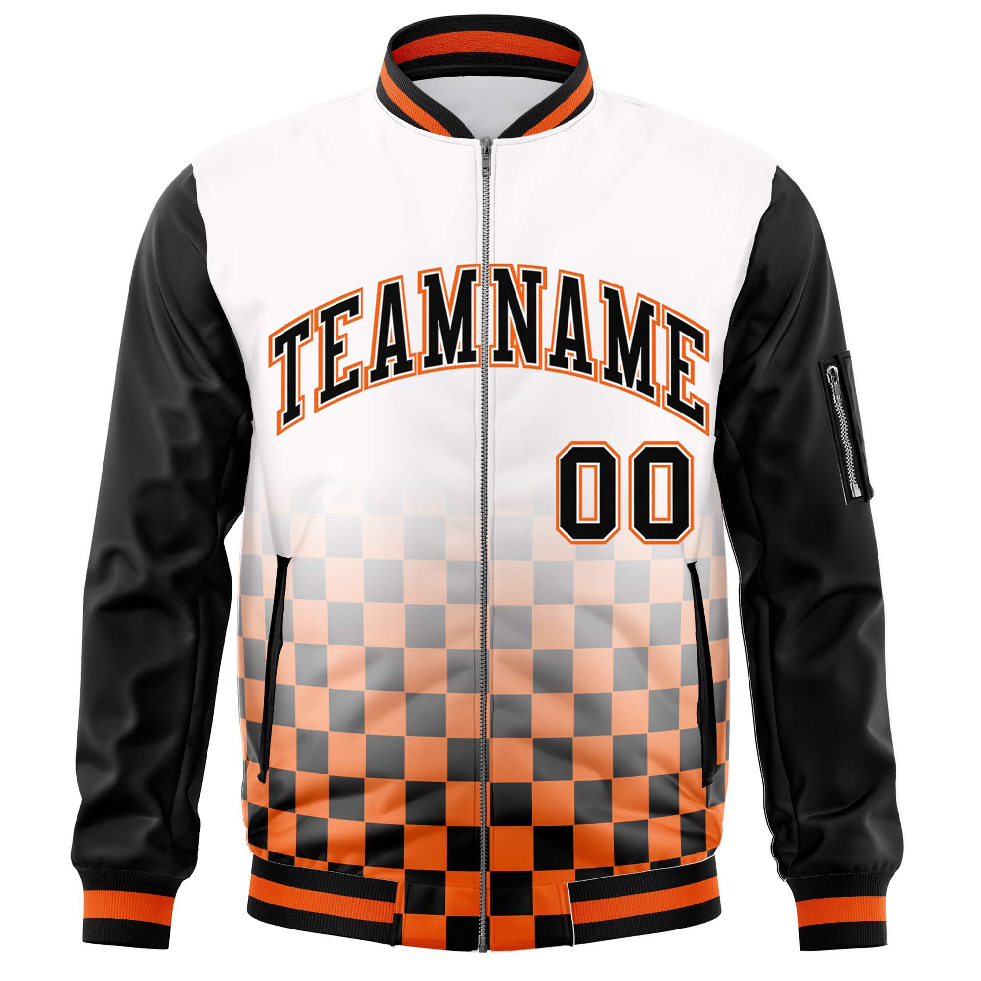 Custom White Black-Orange Grid Varsity Full-Zip Color Block Letterman Raglan Sleeve Jacket