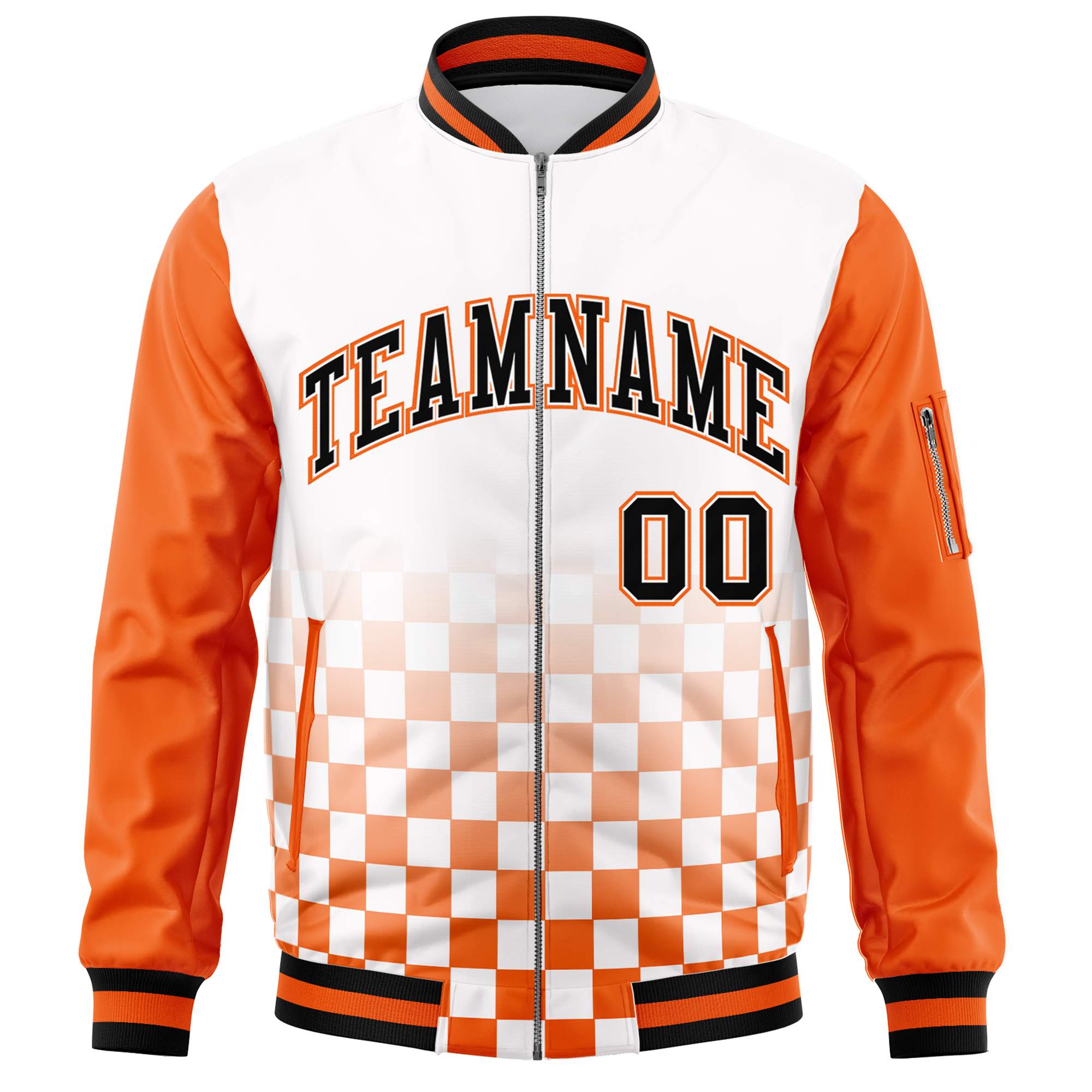 Custom White Black-Orange Grid Varsity Full-Zip Color Block Letterman Raglan Sleeve Jacket