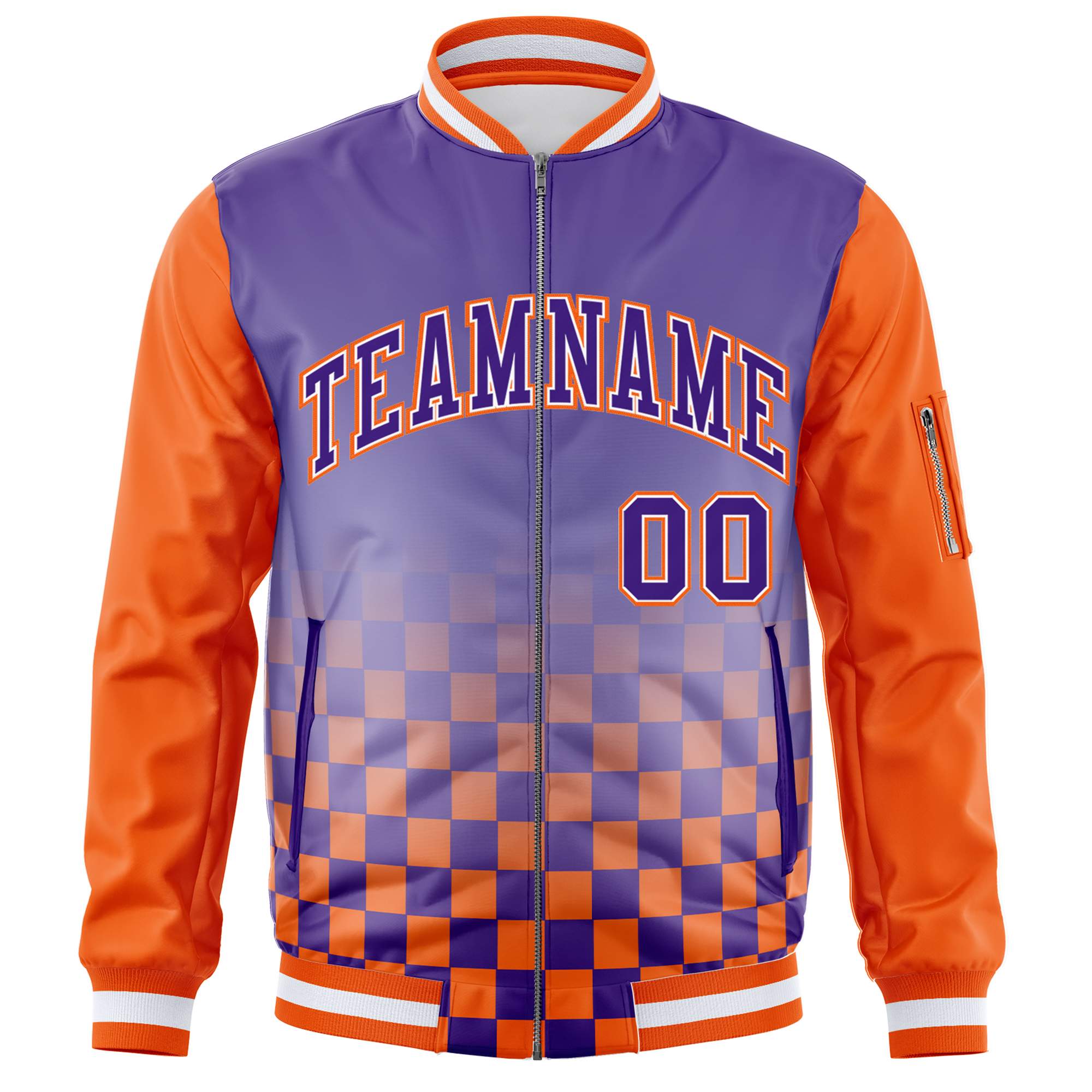 Custom Purple Orange Grid Varsity Full-Zip Color Block Letterman Raglan Sleeve Jacket