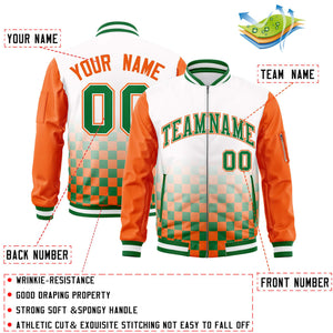 Custom White Kelly Green-Orange Grid Varsity Full-Zip Color Block Letterman Raglan Sleeve Jacket