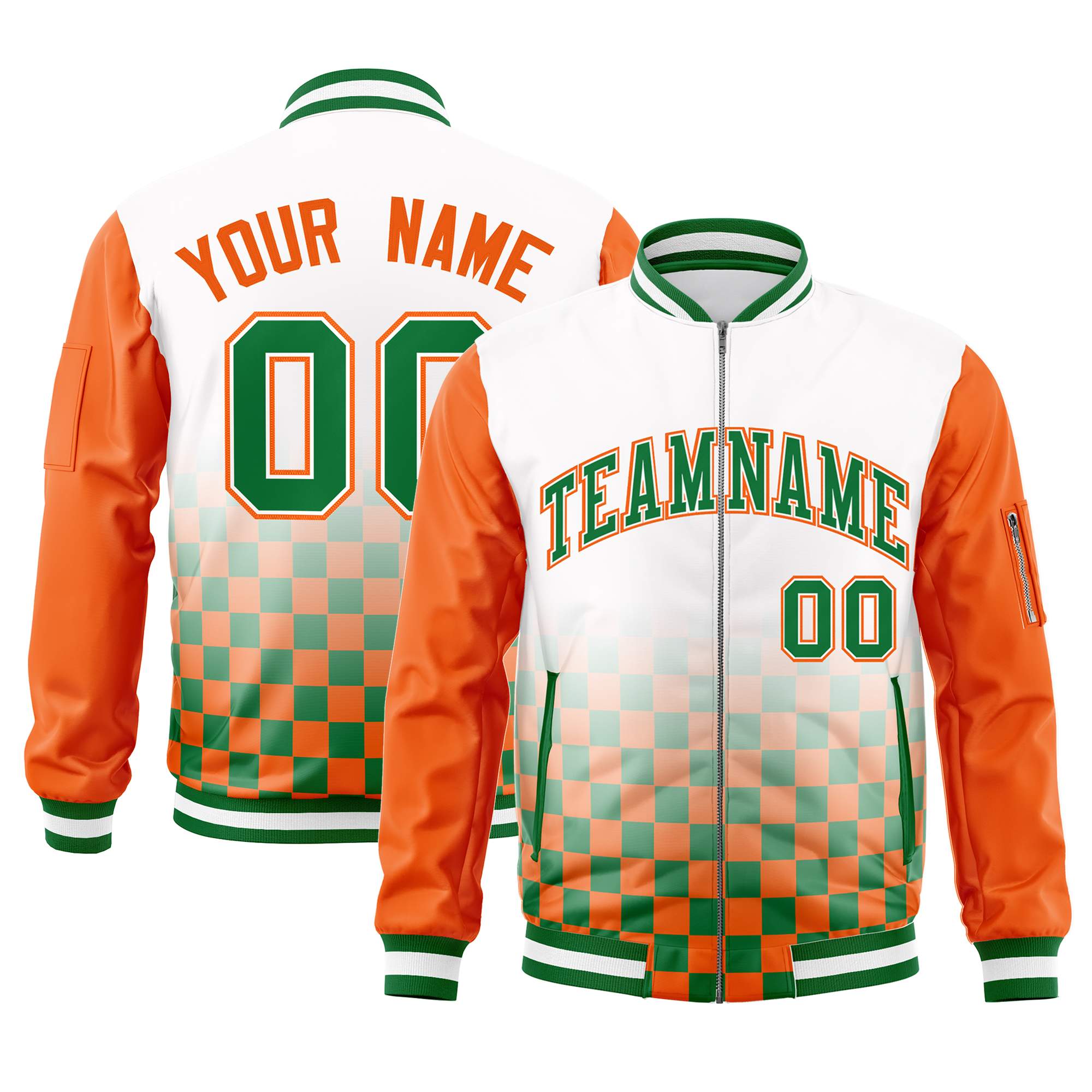 Custom White Kelly Green-Orange Grid Varsity Full-Zip Color Block Letterman Raglan Sleeve Jacket