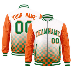 Custom White Kelly Green-Orange Grid Varsity Full-Zip Color Block Letterman Raglan Sleeve Jacket