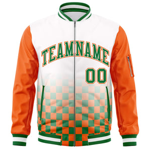 Custom White Kelly Green-Orange Grid Varsity Full-Zip Color Block Letterman Raglan Sleeve Jacket