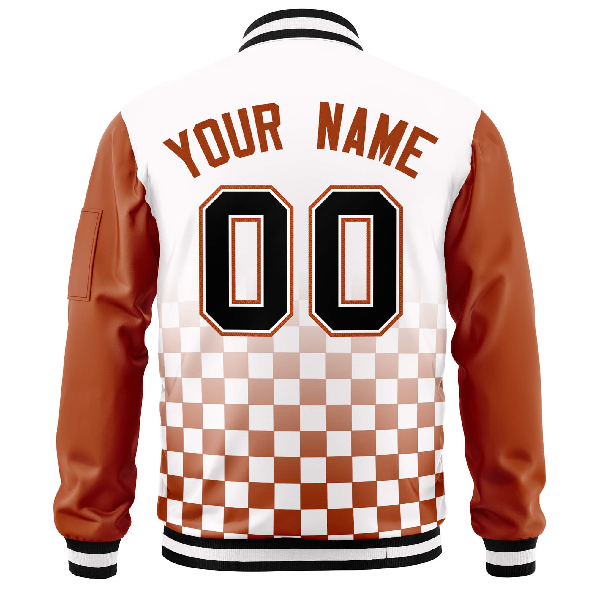 Custom White Black-Orange Grid Varsity Full-Zip Color Block Letterman Raglan Sleeve Jacket