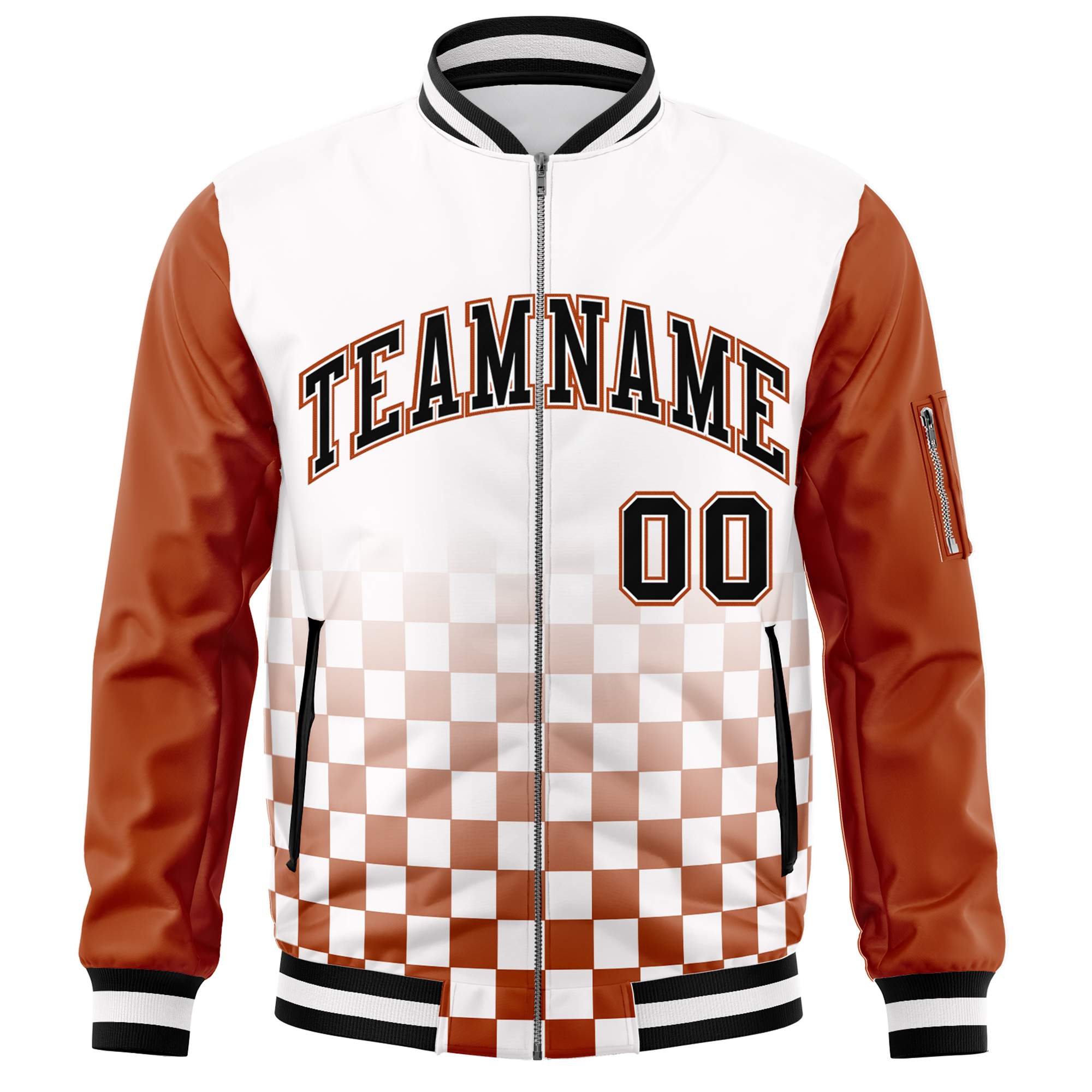 Custom White Black-Orange Grid Varsity Full-Zip Color Block Letterman Raglan Sleeve Jacket