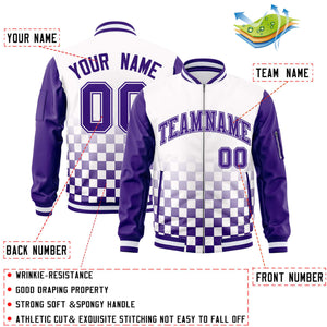 Custom White Purple Grid Varsity Full-Zip Color Block Letterman Raglan Sleeve Jacket