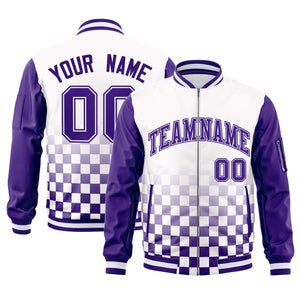 Custom White Purple Grid Varsity Full-Zip Color Block Letterman Raglan Sleeve Jacket