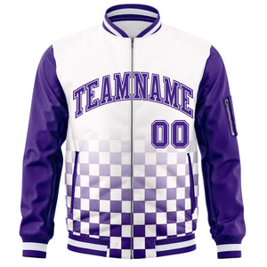 Custom White Purple Grid Varsity Full-Zip Color Block Letterman Raglan Sleeve Jacket