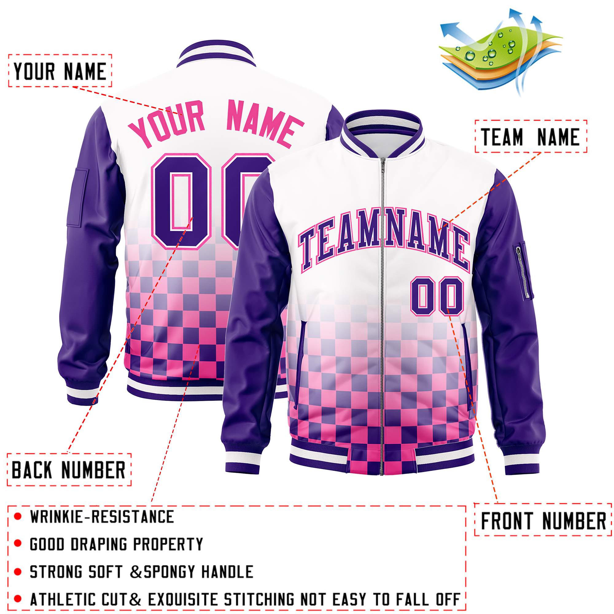 Custom White Purple-Pink Grid Varsity Full-Zip Color Block Letterman Raglan Sleeve Jacket