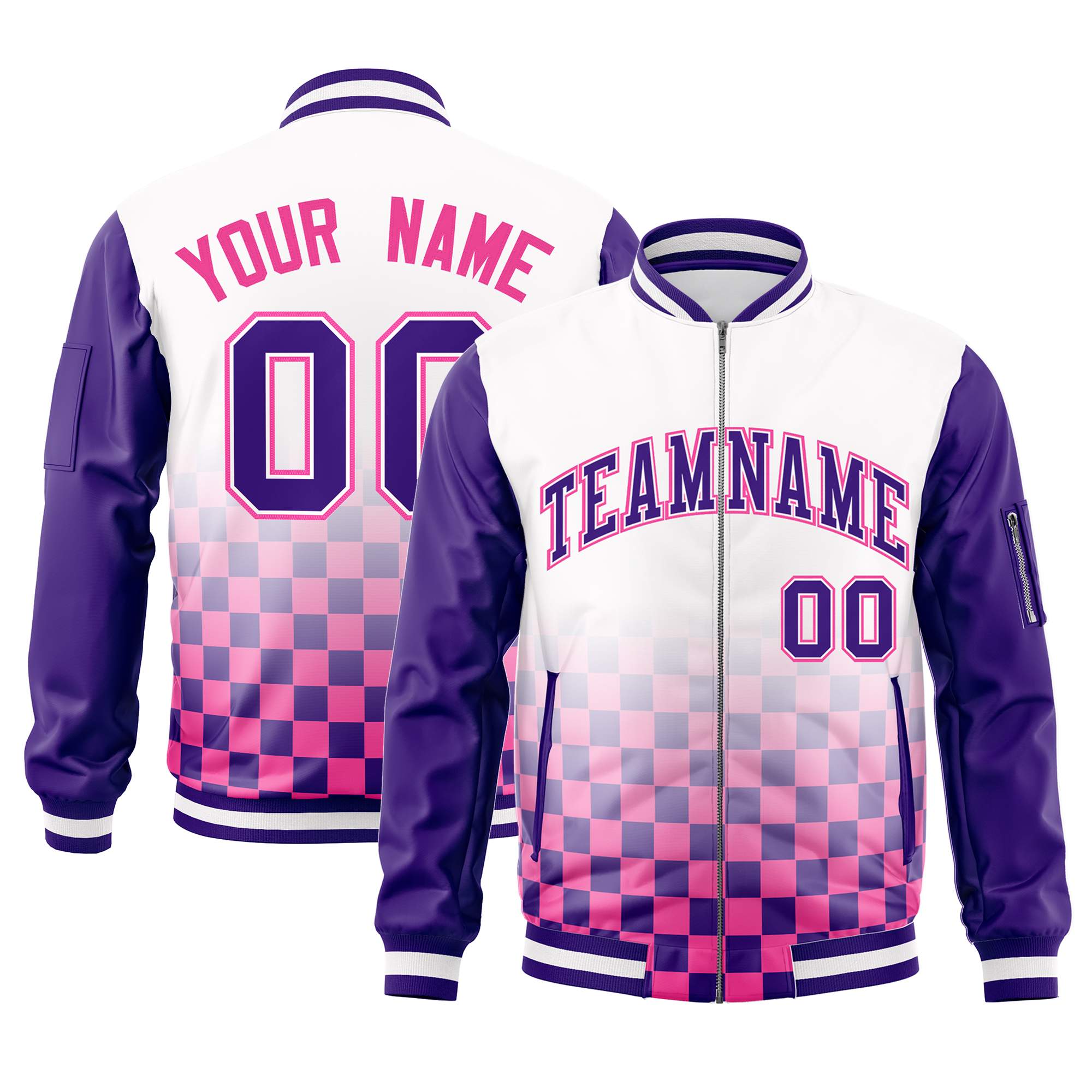 Custom White Purple-Pink Grid Varsity Full-Zip Color Block Letterman Raglan Sleeve Jacket