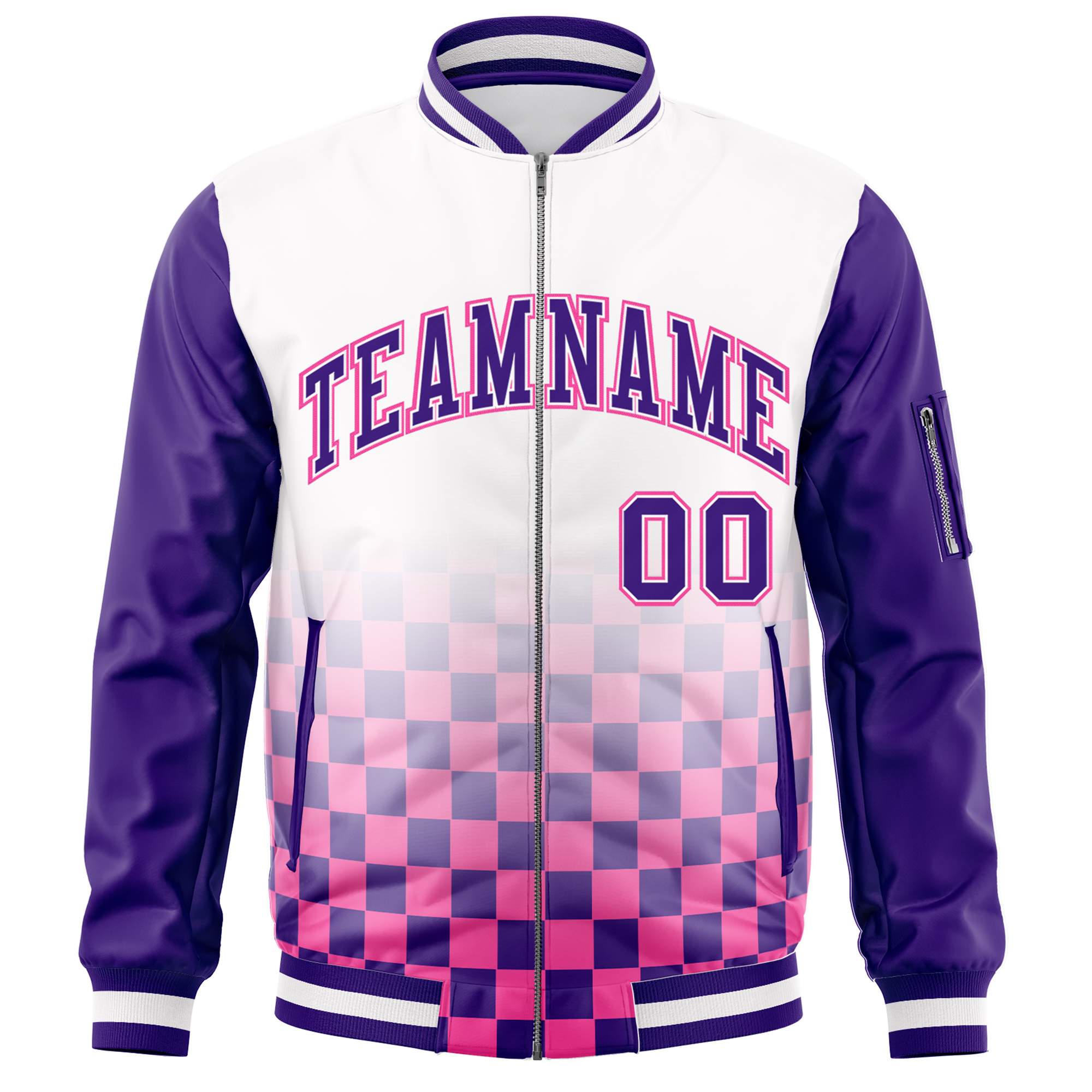 Custom White Purple-Pink Grid Varsity Full-Zip Color Block Letterman Raglan Sleeve Jacket