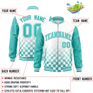 Custom White Aqua Grid Varsity Full-Zip Color Block Letterman Raglan Sleeve Jacket