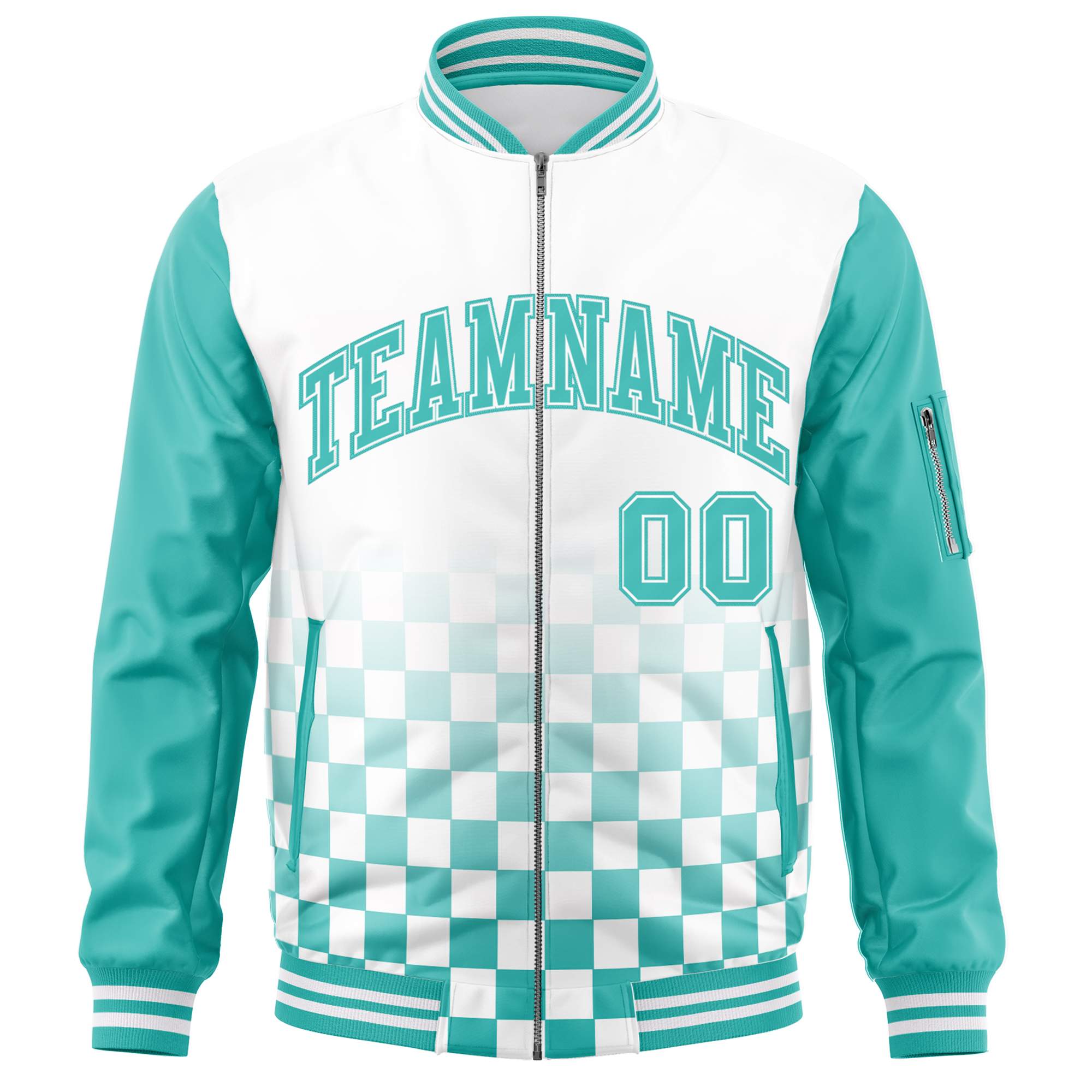 Custom White Aqua Grid Varsity Full-Zip Color Block Letterman Raglan Sleeve Jacket