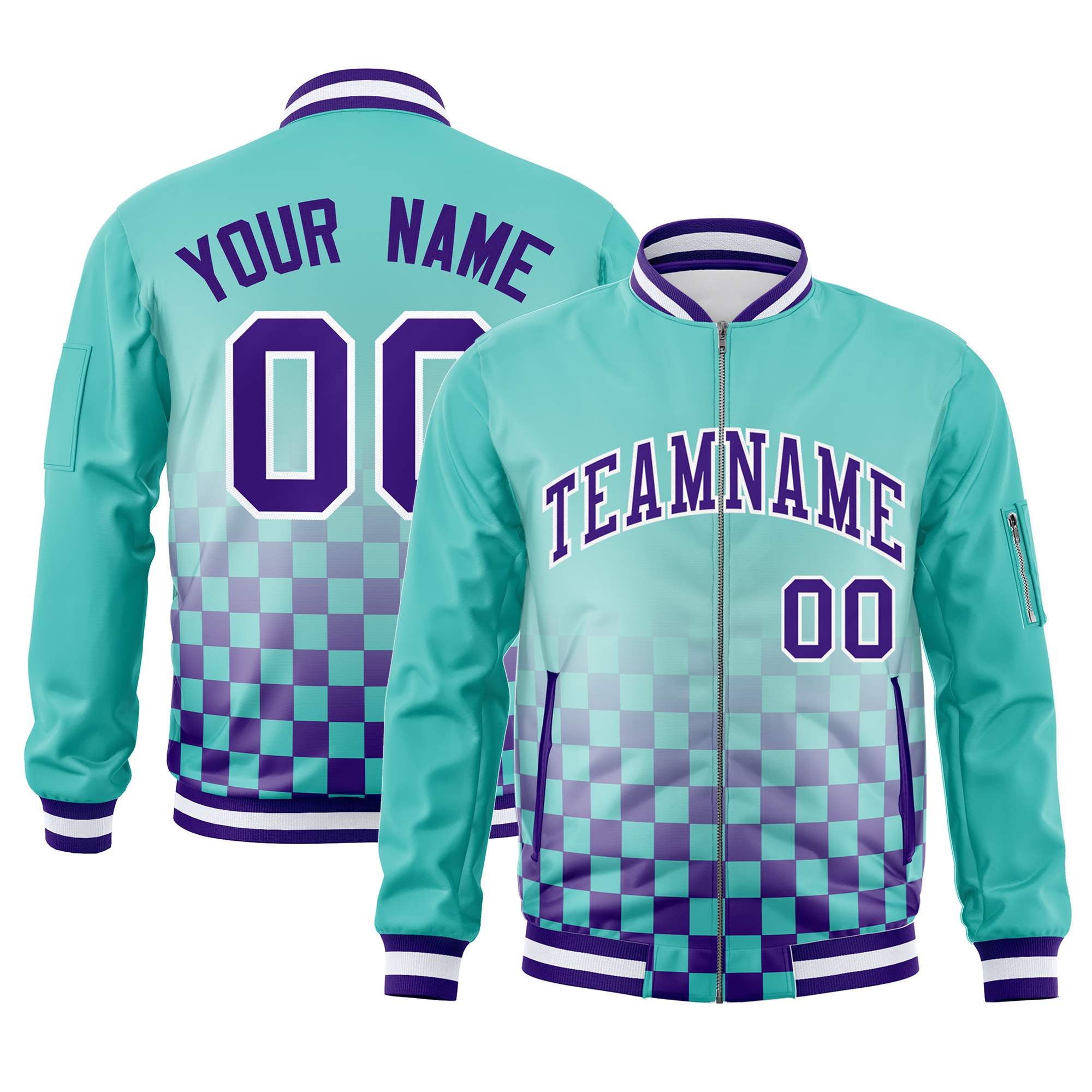 Custom Aqua Purple-White Grid Varsity Full-Zip Color Block Letterman Bomber Jacket