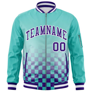 Custom Aqua Purple-White Grid Varsity Full-Zip Color Block Letterman Bomber Jacket