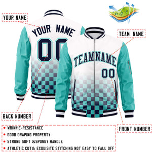 Custom White Navy-Aqua Grid Varsity Full-Zip Color Block Letterman Raglan Sleeve Jacket