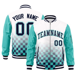 Custom White Navy-Aqua Grid Varsity Full-Zip Color Block Letterman Raglan Sleeve Jacket