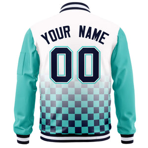 Custom White Navy-Aqua Grid Varsity Full-Zip Color Block Letterman Raglan Sleeve Jacket