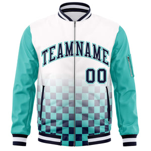 Custom White Navy-Aqua Grid Varsity Full-Zip Color Block Letterman Raglan Sleeve Jacket