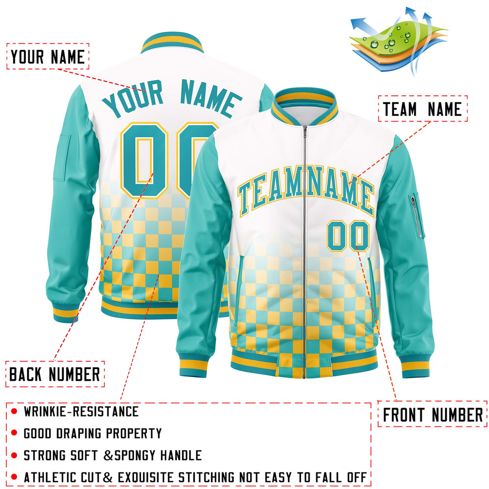 Custom White Aqua-Gold Grid Varsity Full-Zip Color Block Letterman Raglan Sleeve Jacket