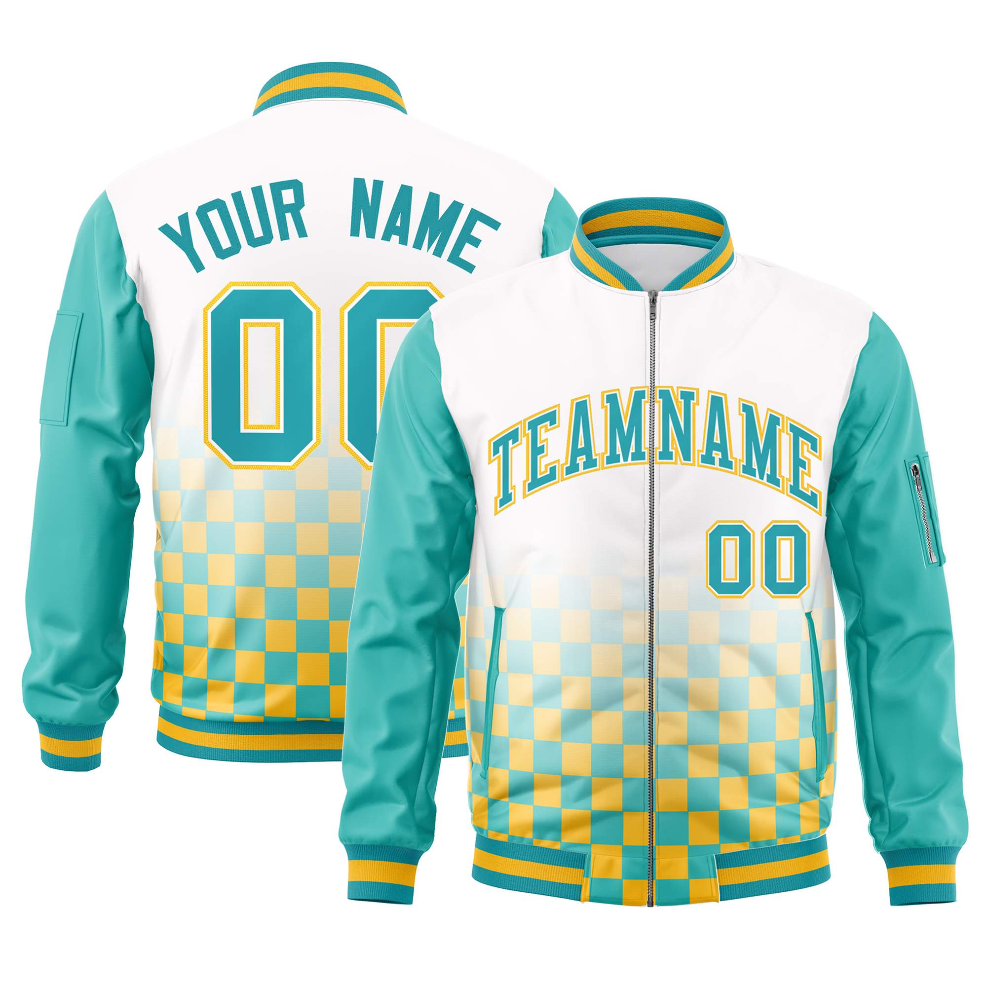 Custom White Aqua-Gold Grid Varsity Full-Zip Color Block Letterman Raglan Sleeve Jacket