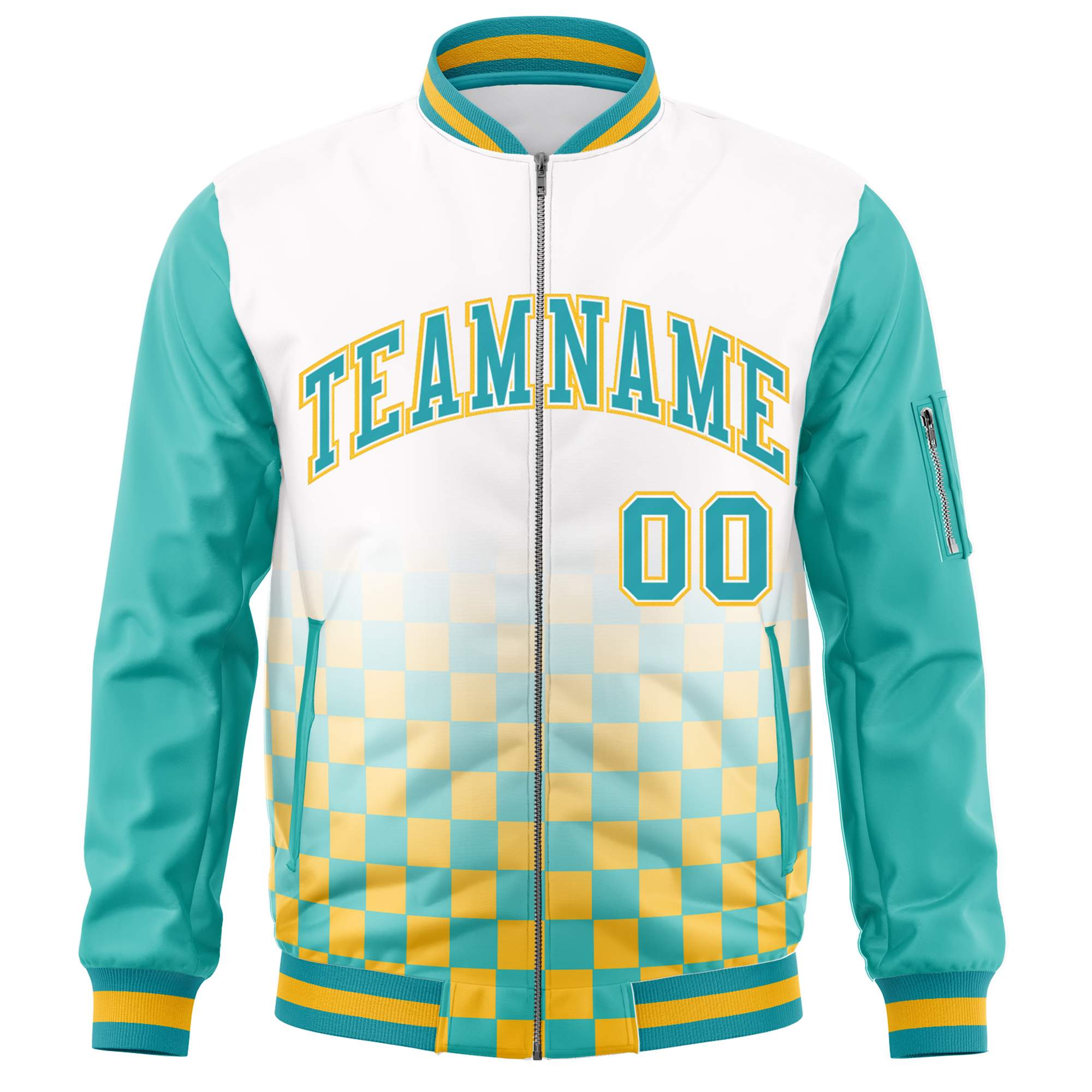 Custom White Aqua-Gold Grid Varsity Full-Zip Color Block Letterman Raglan Sleeve Jacket