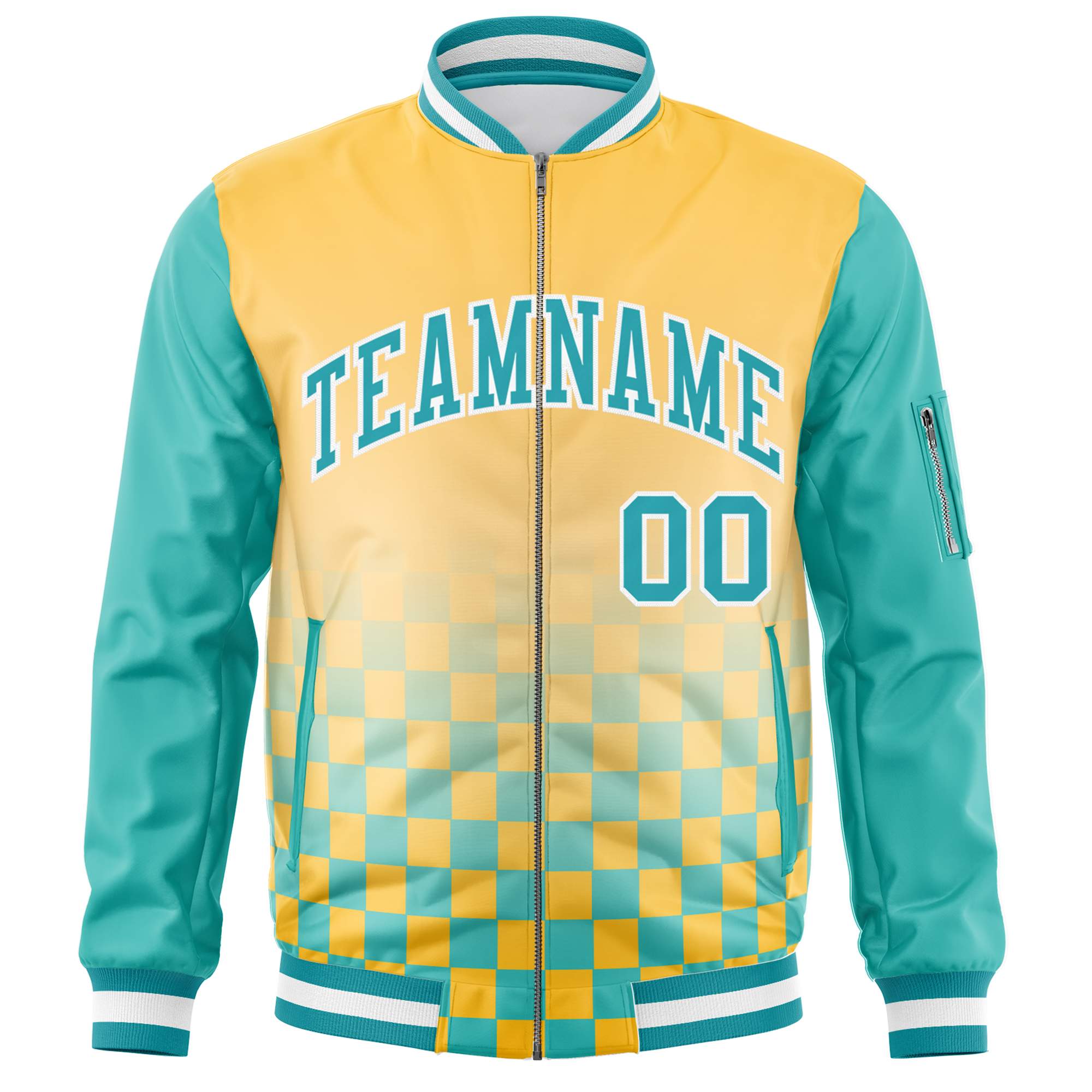 Custom Gold Aqua-White Grid Varsity Full-Zip Color Block Letterman Raglan Sleeve Jacket