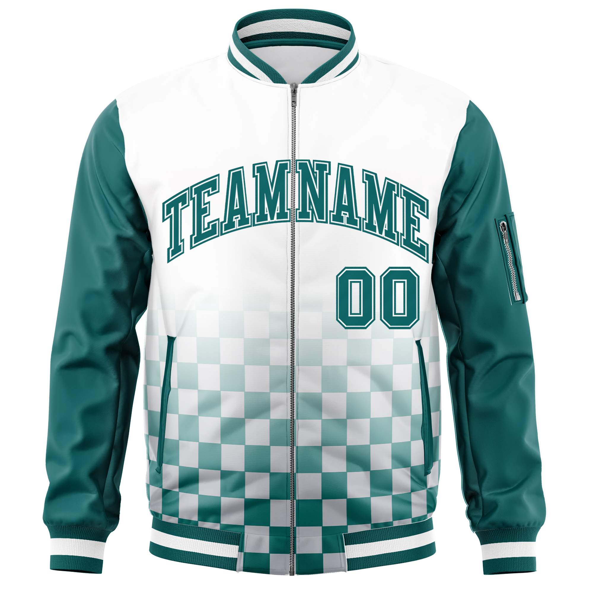 Custom White Aqua Grid Varsity Full-Zip Color Block Letterman Raglan Sleeve Jacket