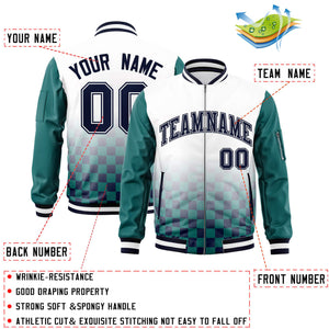 Custom White Navy-Aqua Grid Varsity Full-Zip Color Block Letterman Raglan Sleeve Jacket