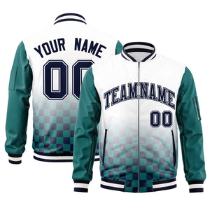 Custom White Navy-Aqua Grid Varsity Full-Zip Color Block Letterman Raglan Sleeve Jacket