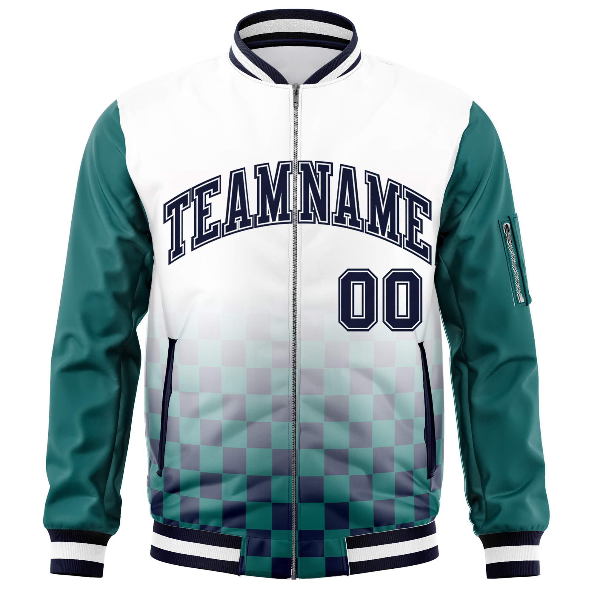 Custom White Navy-Aqua Grid Varsity Full-Zip Color Block Letterman Raglan Sleeve Jacket