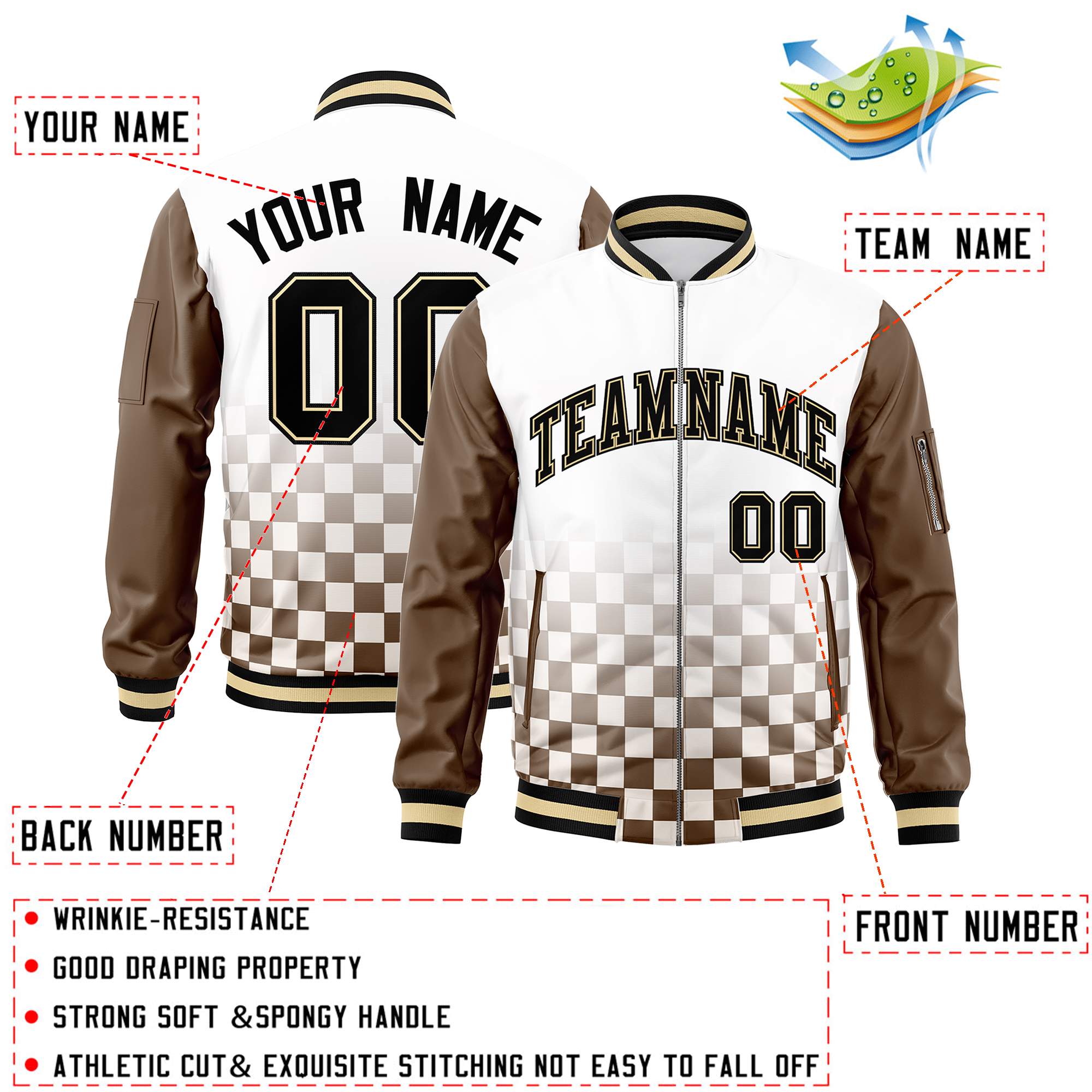 Custom White Black-Brown Grid Varsity Full-Zip Color Block Letterman Raglan Sleeve Jacket