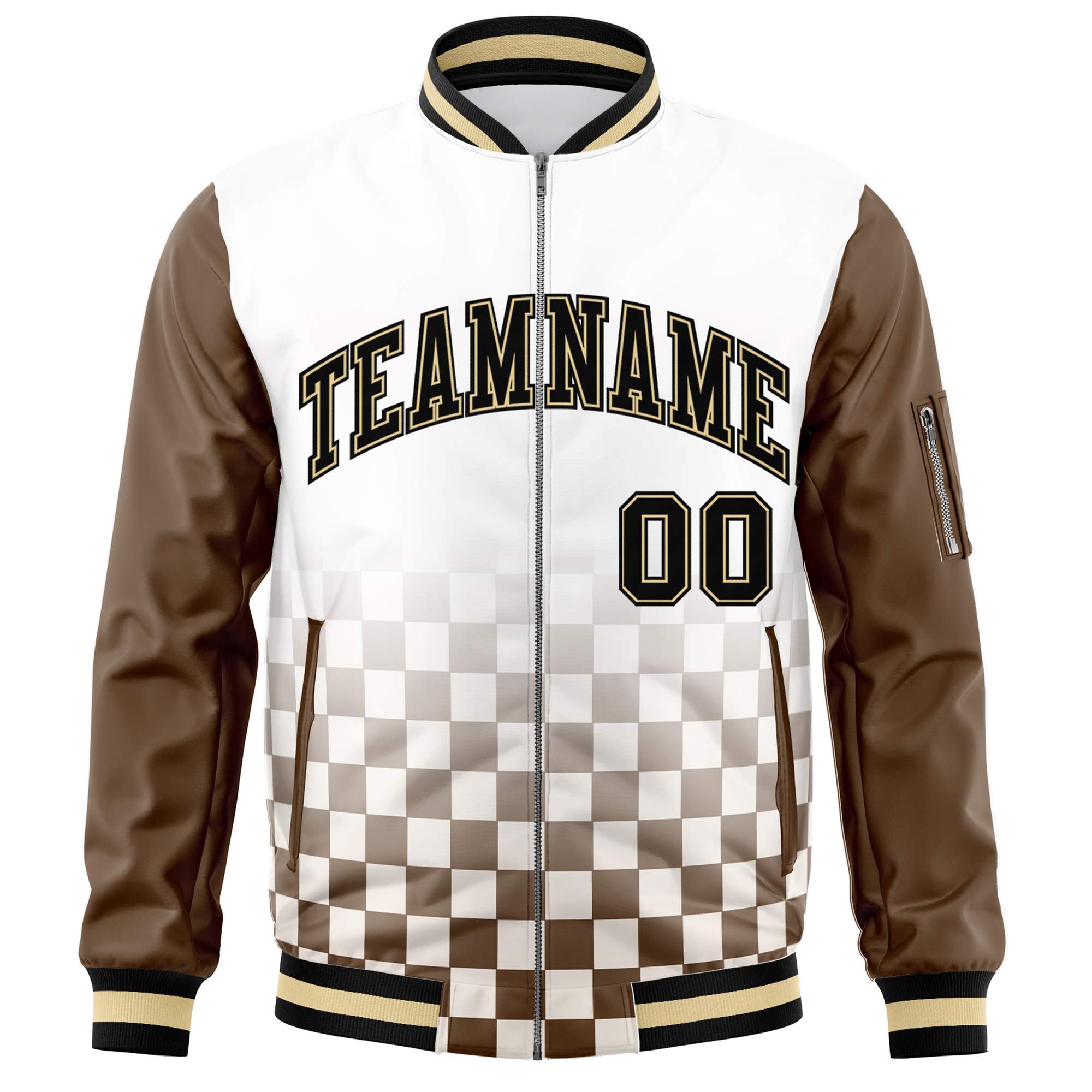 Custom White Black-Brown Grid Varsity Full-Zip Color Block Letterman Raglan Sleeve Jacket