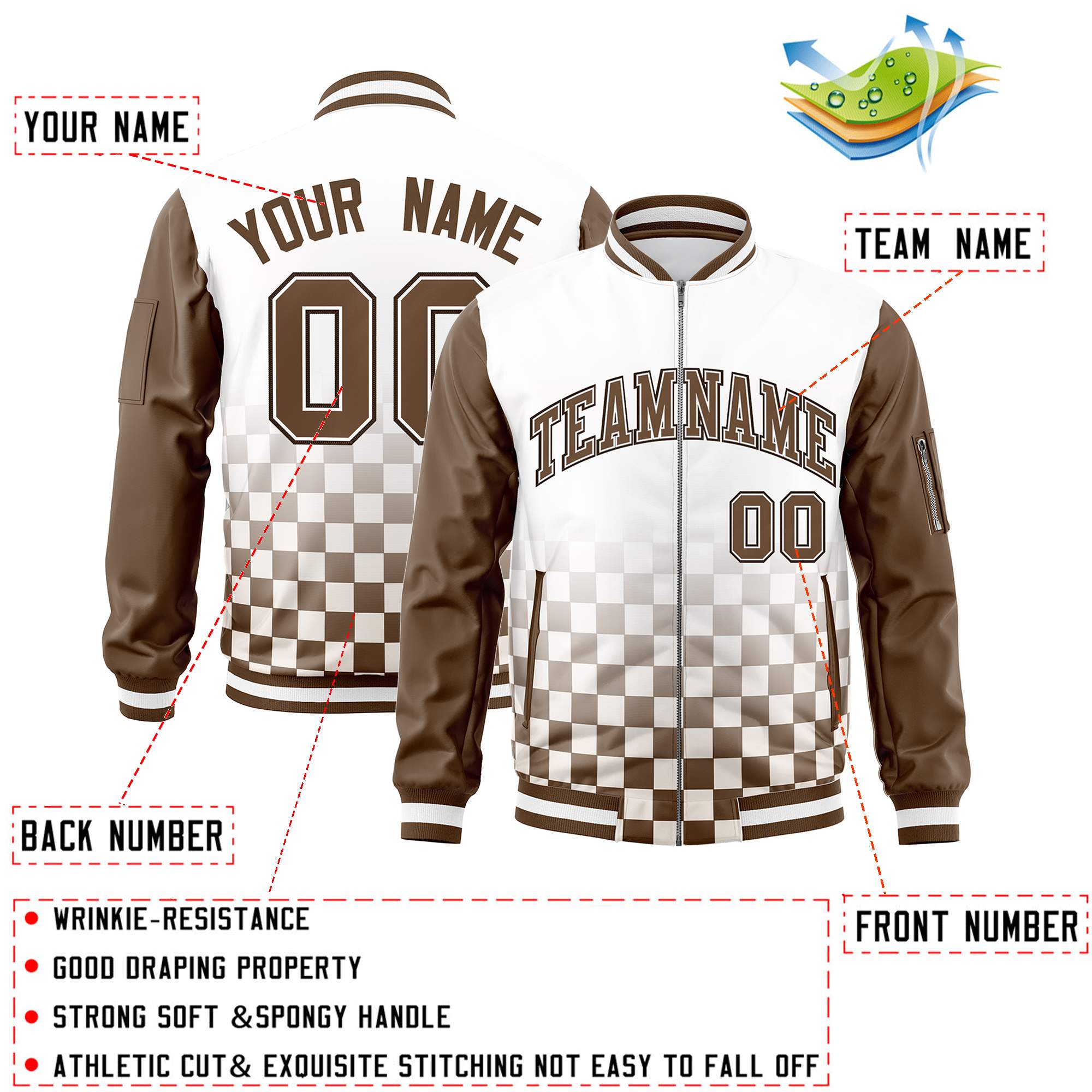 Custom White Brown Grid Varsity Full-Zip Color Block Letterman Raglan Sleeve Jacket