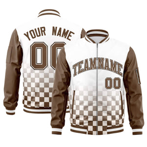 Custom White Brown Grid Varsity Full-Zip Color Block Letterman Raglan Sleeve Jacket