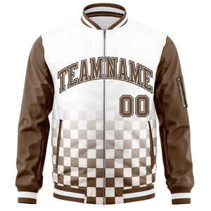 Custom White Brown Grid Varsity Full-Zip Color Block Letterman Raglan Sleeve Jacket