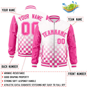 Custom White Pink Grid Varsity Full-Zip Color Block Letterman Raglan Sleeve Jacket