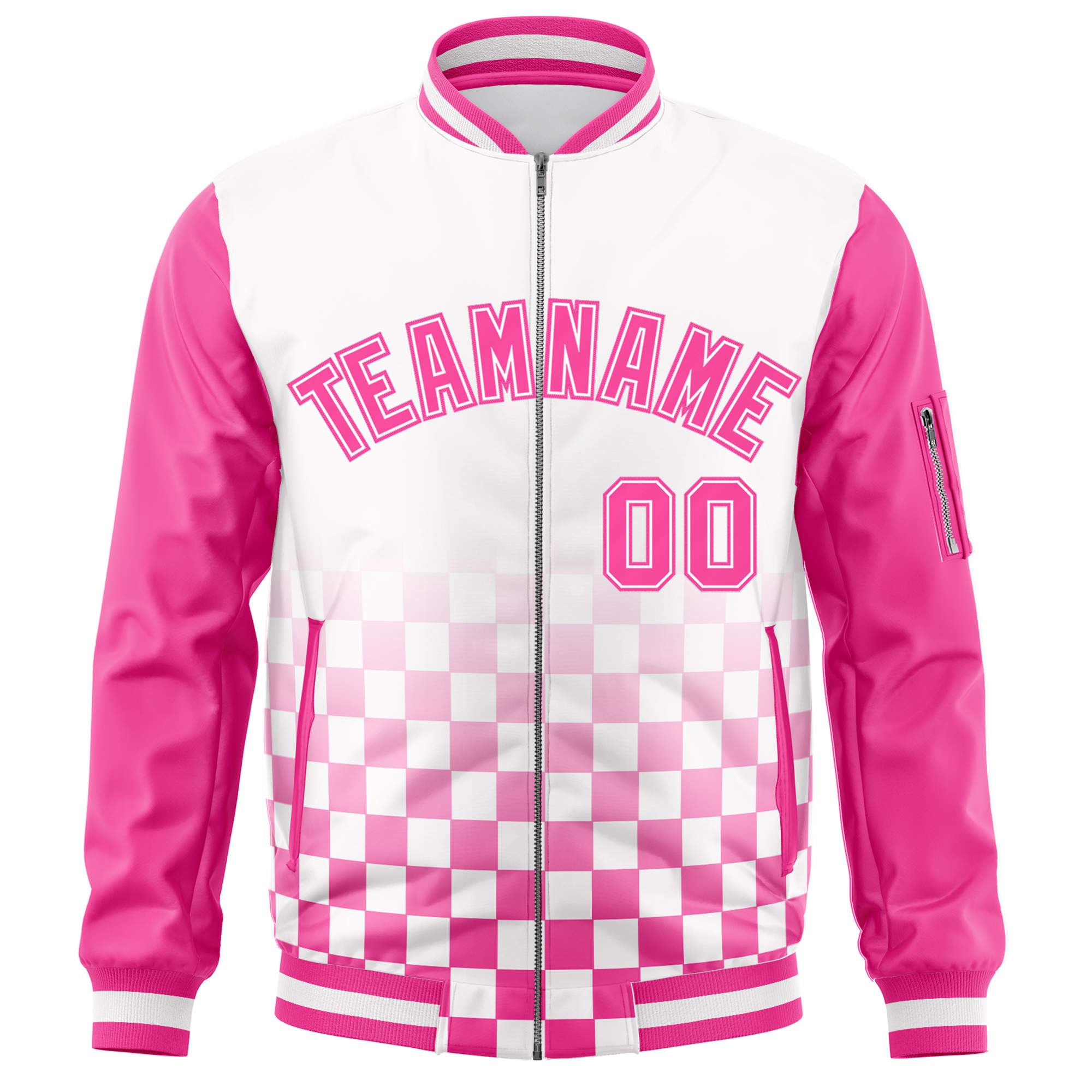 Custom White Pink Grid Varsity Full-Zip Color Block Letterman Raglan Sleeve Jacket