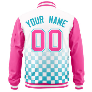 Custom White Light Blue-Pink Grid Varsity Full-Zip Color Block Letterman Raglan Sleeve Jacket