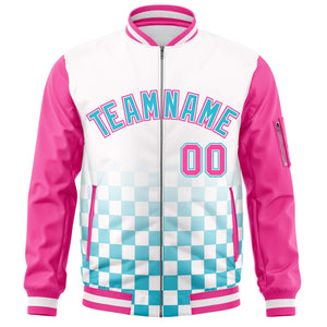 Custom White Light Blue-Pink Grid Varsity Full-Zip Color Block Letterman Raglan Sleeve Jacket