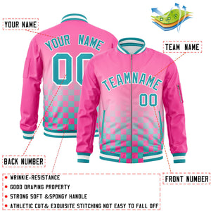 Custom Pink Aqua-White Grid Varsity Full-Zip Color Block Letterman Bomber Jacket