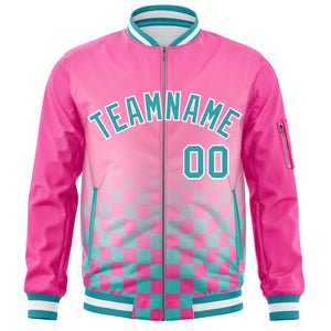 Custom Pink Aqua-White Grid Varsity Full-Zip Color Block Letterman Bomber Jacket