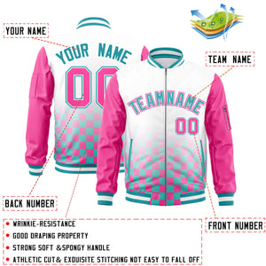 Custom White Aqua-Pink Grid Varsity Full-Zip Color Block Letterman Raglan Sleeve Jacket