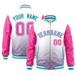 Custom White Aqua-Pink Grid Varsity Full-Zip Color Block Letterman Raglan Sleeve Jacket