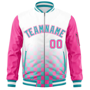 Custom White Aqua-Pink Grid Varsity Full-Zip Color Block Letterman Raglan Sleeve Jacket