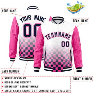 Custom White Navy-Pink Grid Varsity Full-Zip Color Block Letterman Raglan Sleeve Jacket