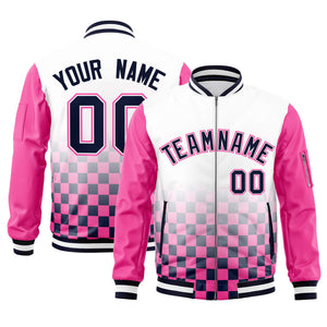 Custom White Navy-Pink Grid Varsity Full-Zip Color Block Letterman Raglan Sleeve Jacket